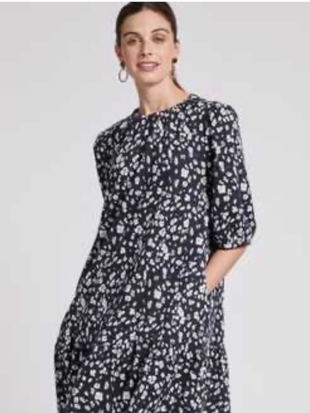 Leopard Printed Navy and White Midi Dress with Short Sleeves